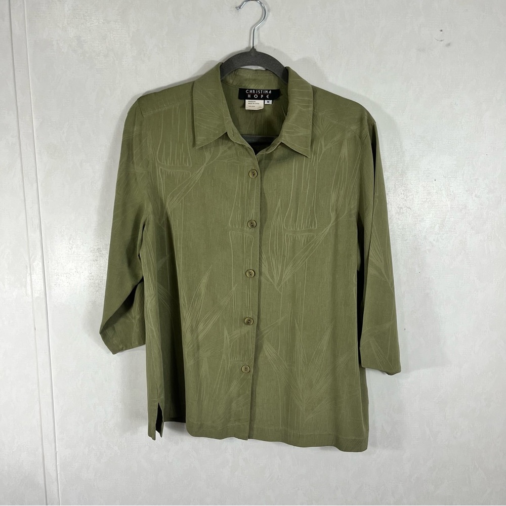 Christina HOPE Vintage Green 100% Silk Button Down Shirt 3/4 Sleeve